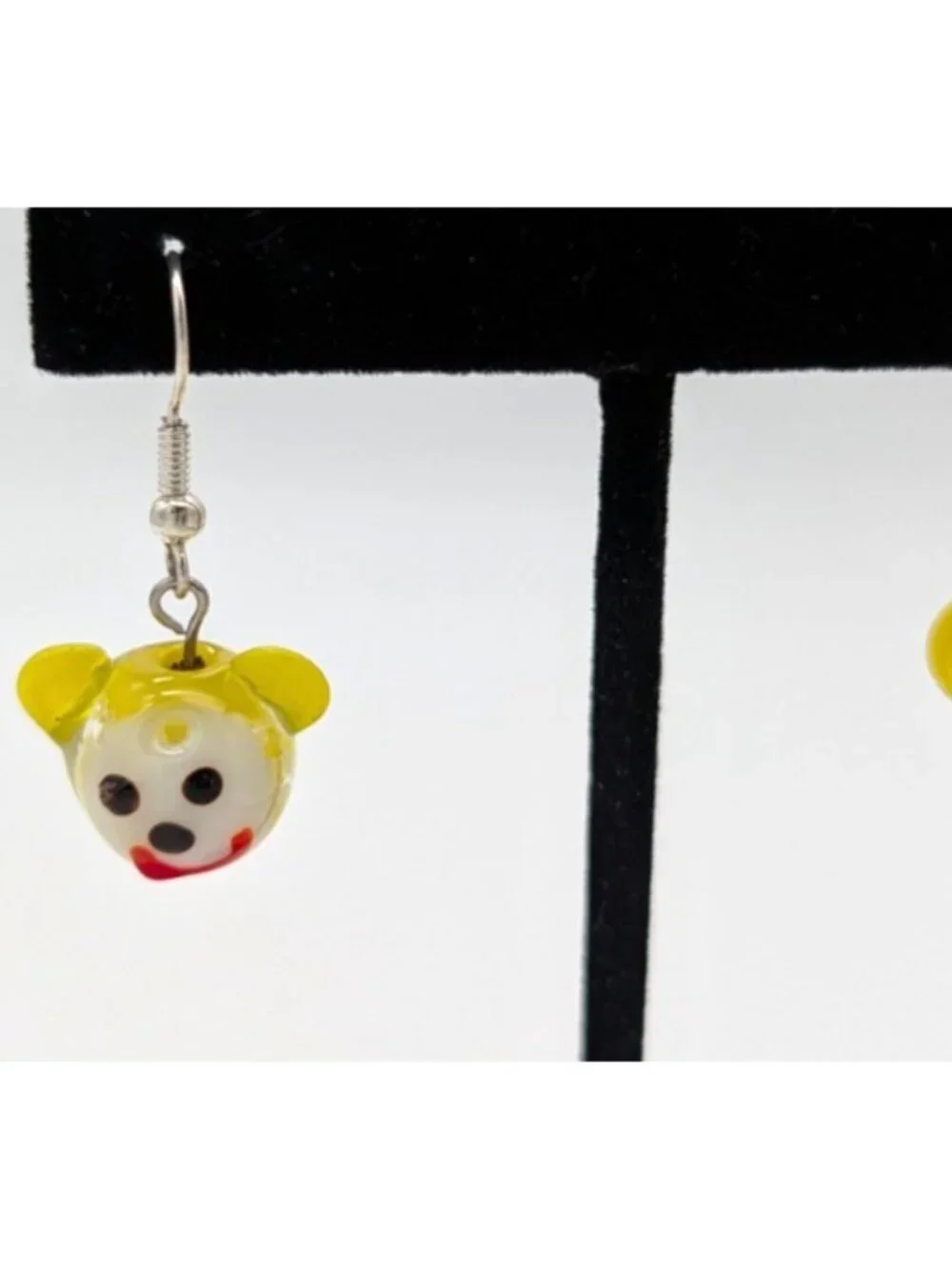 funky glow in the dark art glass beads monkey face dangle earrings yellow clown